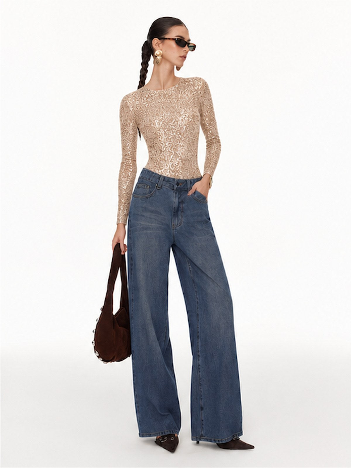 Long-sleeved, Slim-fit, Round Neck, Shimmering, Openwork Bodysuit