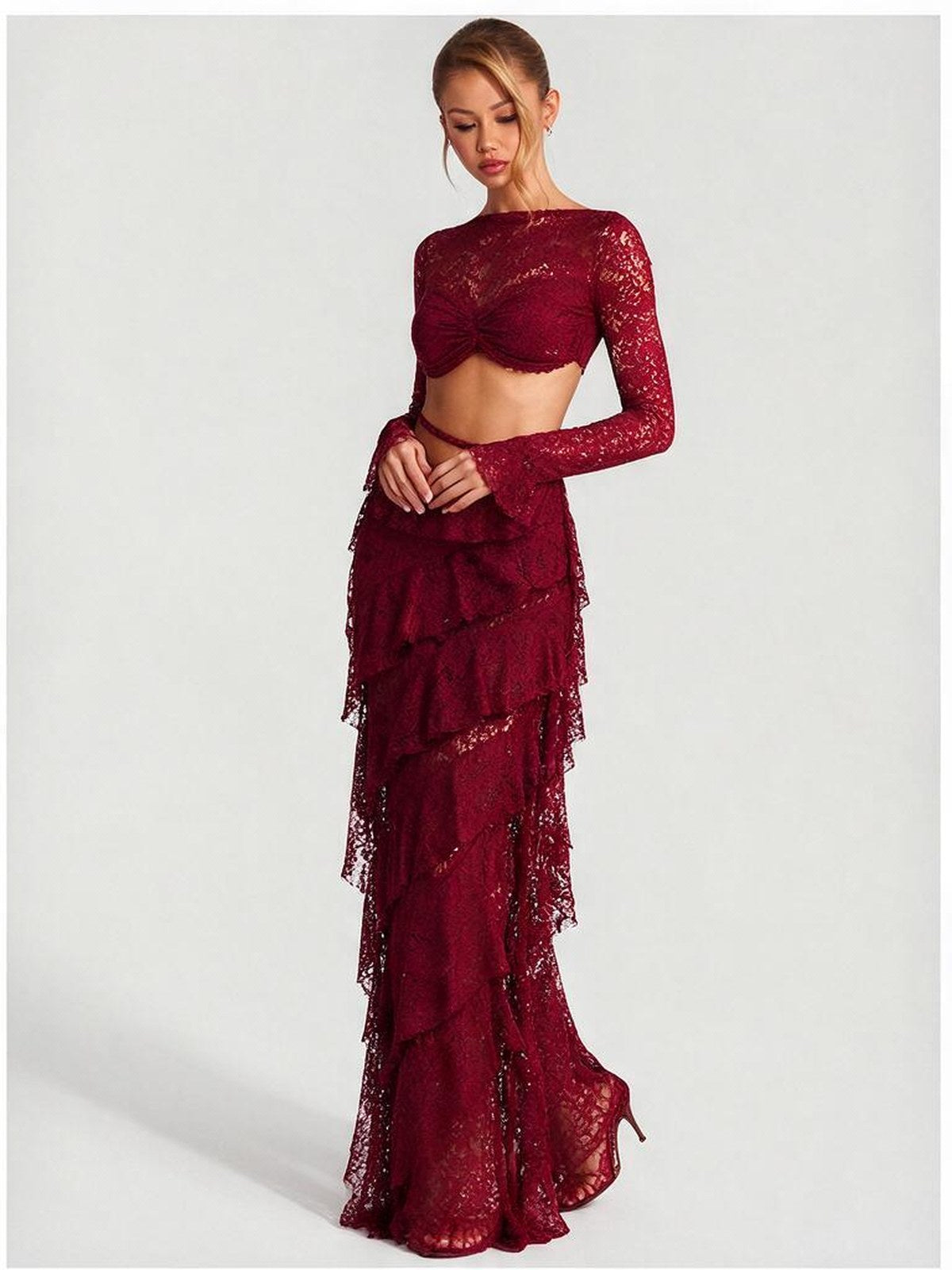 Lace Round Neck Long-sleeved Bell Sleeve Top And Layered Ribbon Skirt Two-piece Set
