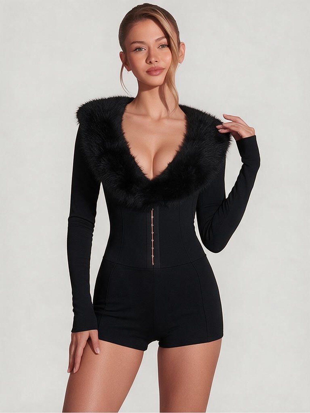 Fur-collar Deep V-neck Long-sleeved Zip-up Bodysuit