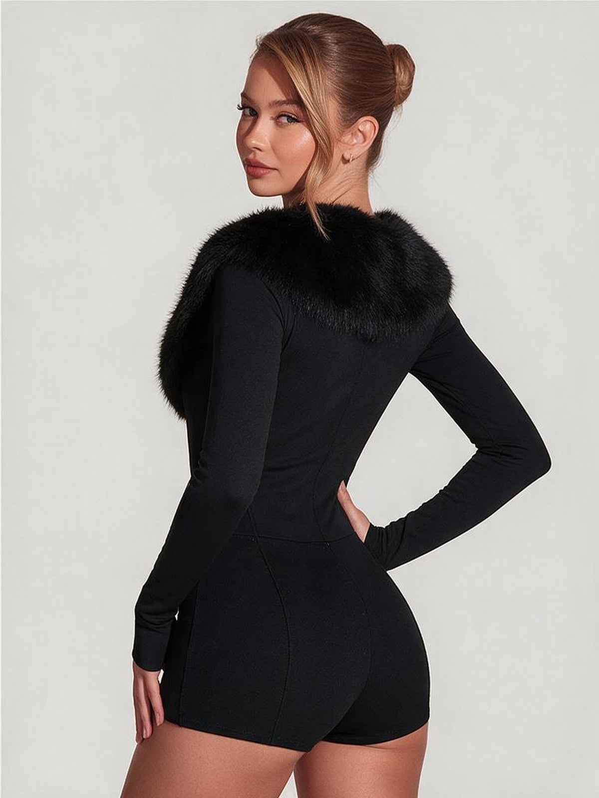 Fur-collar Deep V-neck Long-sleeved Zip-up Bodysuit