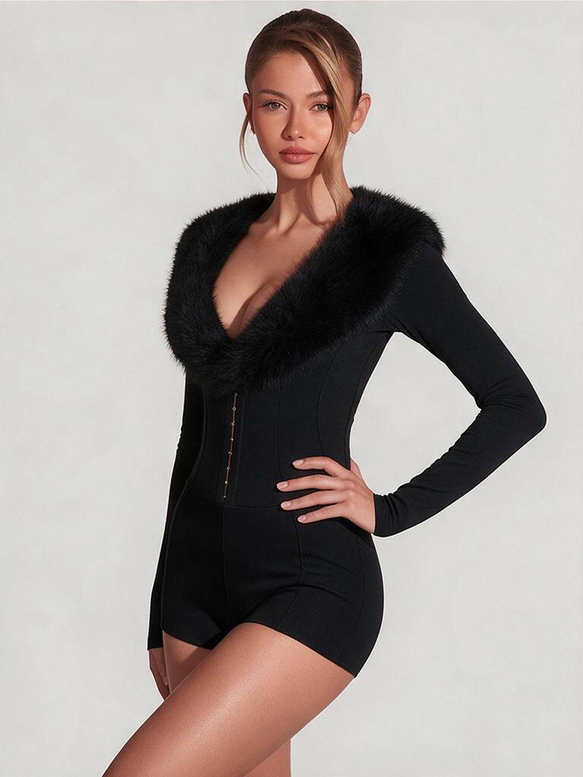 Fur-collar Deep V-neck Long-sleeved Zip-up Bodysuit