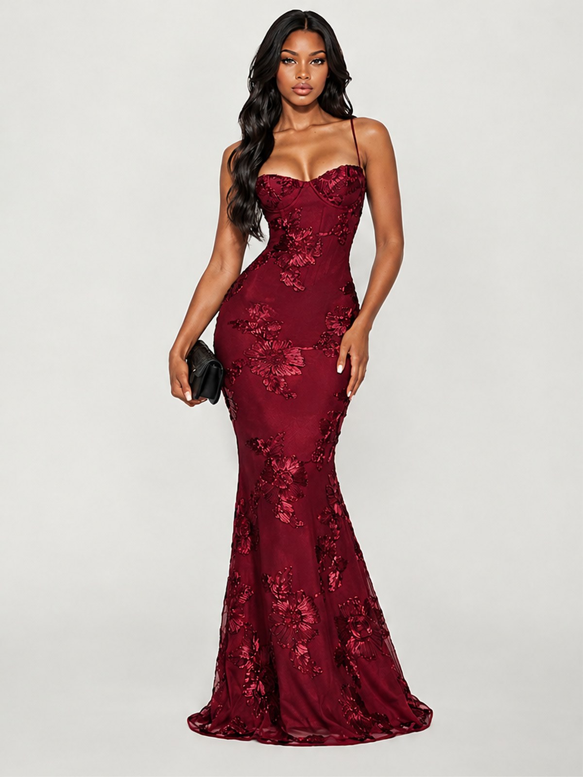 3D Embroidered Backless Cross-Strap Spaghetti Strap Long Dress