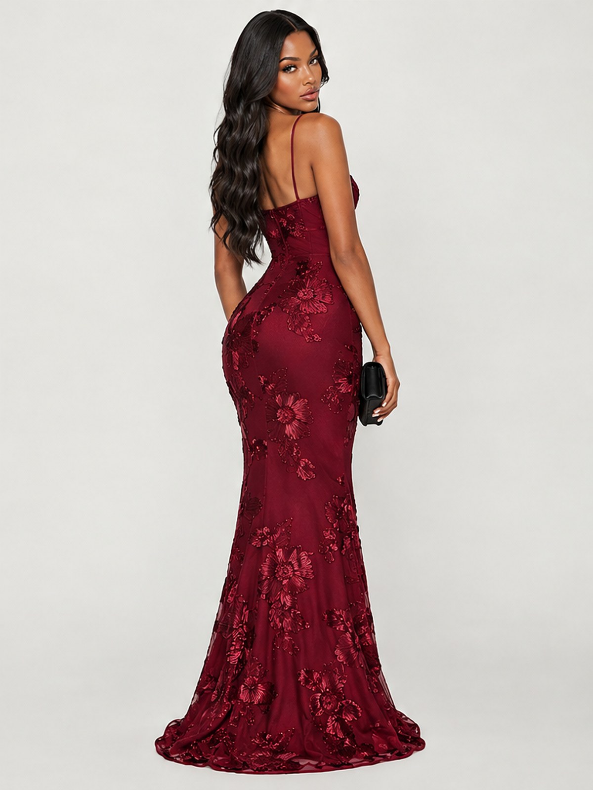 3D Embroidered Backless Cross-Strap Spaghetti Strap Long Dress