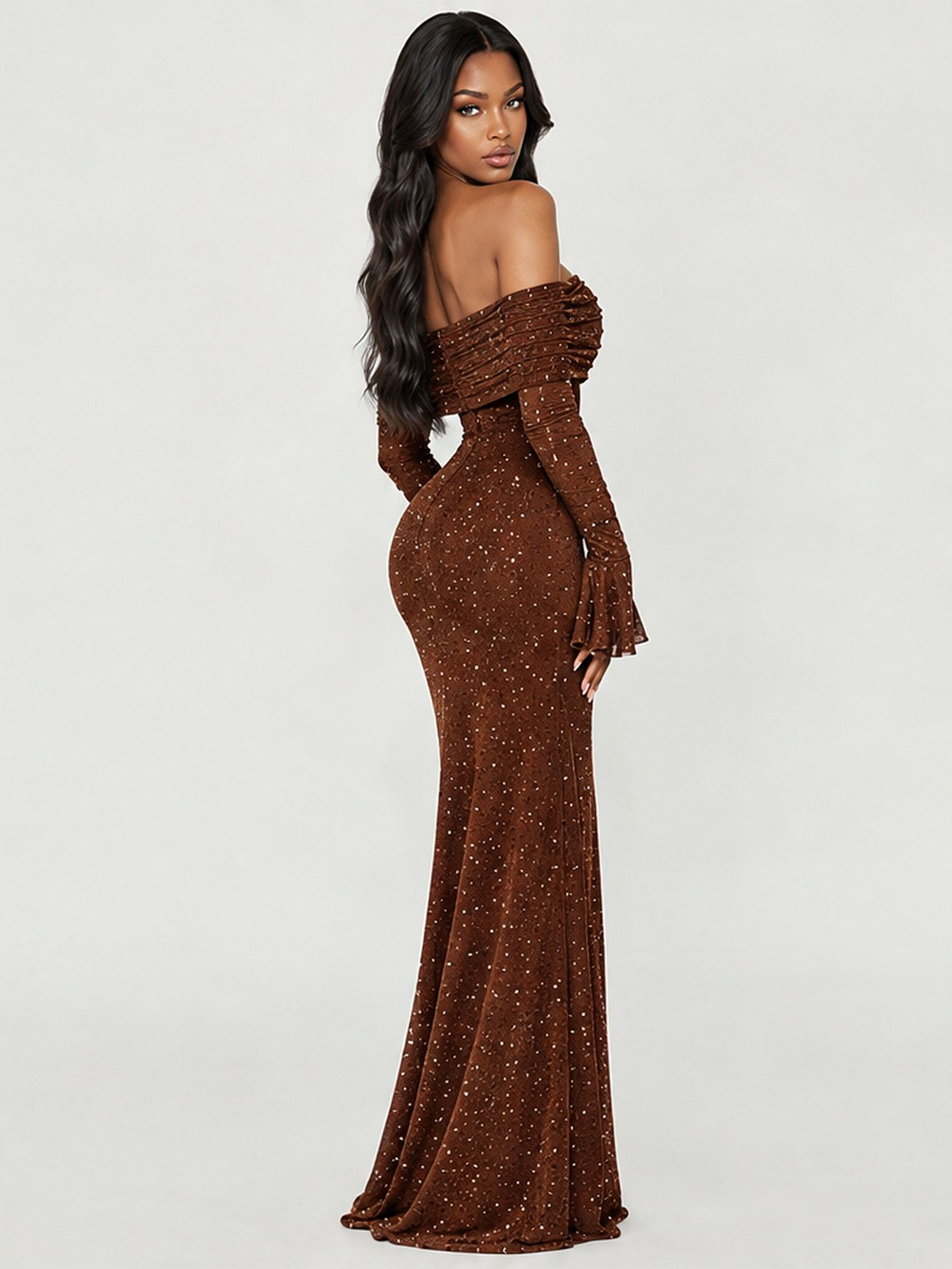Sexy Off-the-shoulder Flared Long-sleeved Bodycon Sequined Maxi Dress