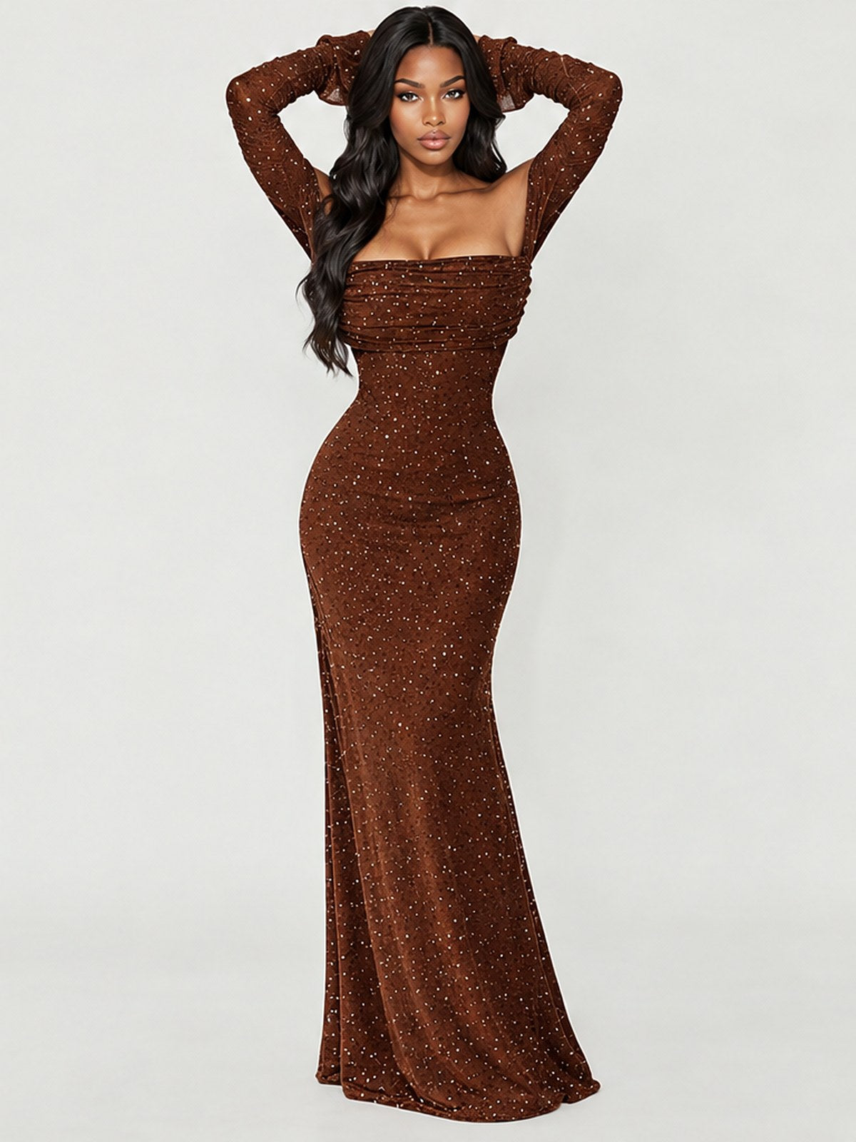 Sexy Off-the-shoulder Flared Long-sleeved Bodycon Sequined Maxi Dress