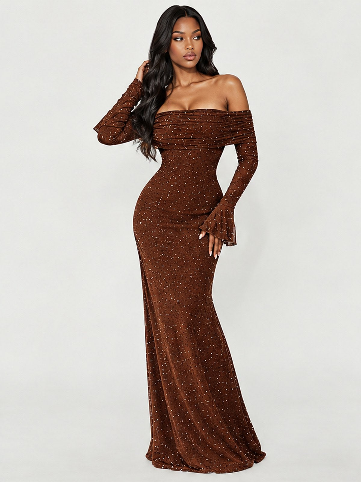 Sexy Off-the-shoulder Flared Long-sleeved Bodycon Sequined Maxi Dress