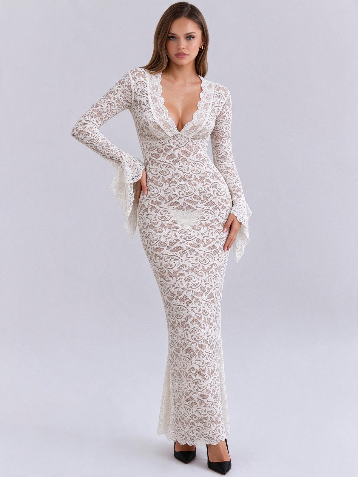 Lace Deep V-neck Flared Long-sleeved Dress
