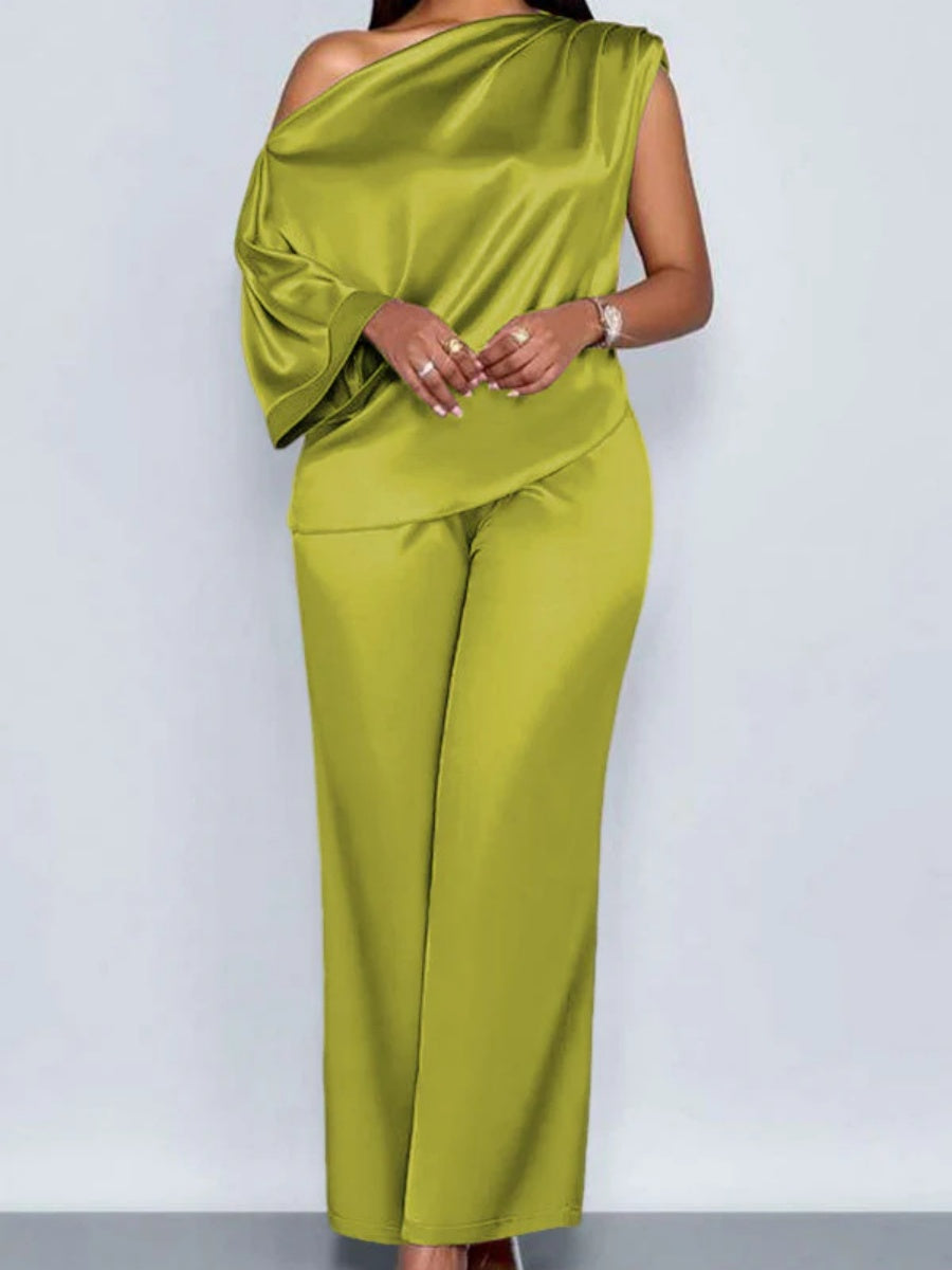 Satin Sloping Shoulders Short Sleeve TOP Wide-leg Pants 2-piece Sets