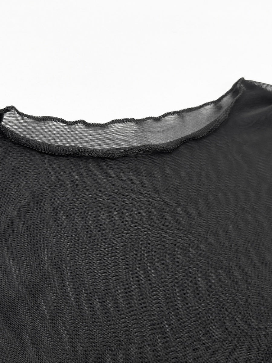Round Neck Long-sleeved Mesh-paneled Short Dress