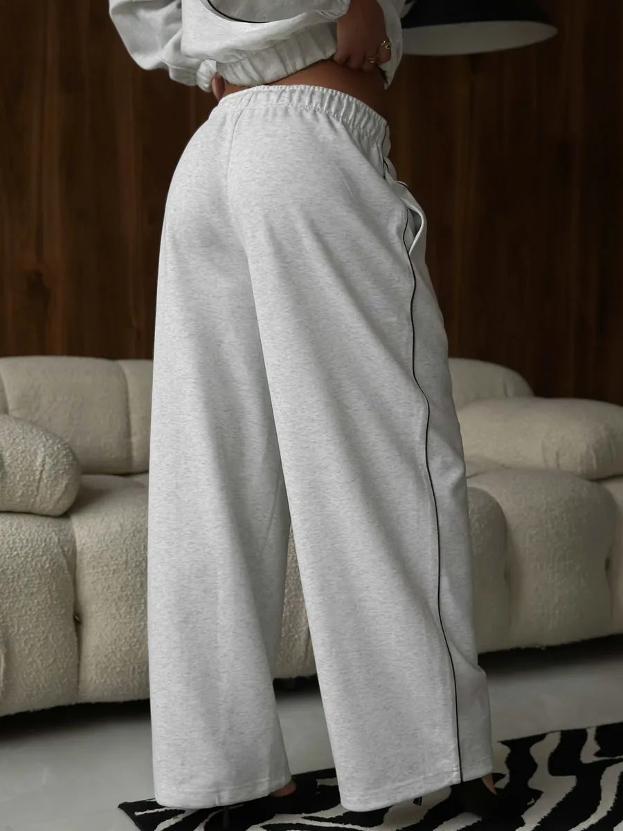 American Retro Color-blocked Striped Tracksuit For Women Two-piece Set: Collared Half-zip Sweatshirt And High-waisted Wide-leg Sweatpants