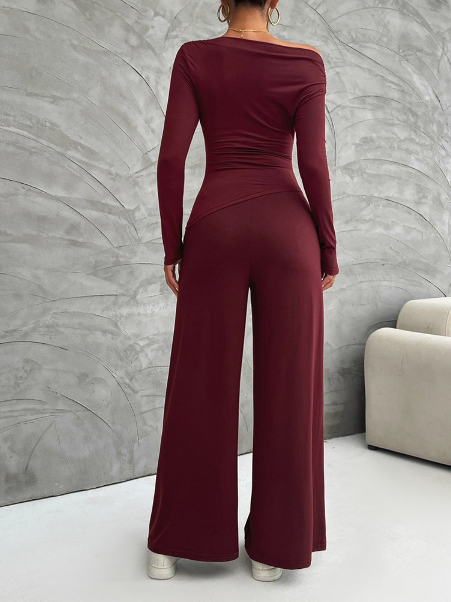 Leisure Pleated Solid Color Long Sleeve 2-piece Sets