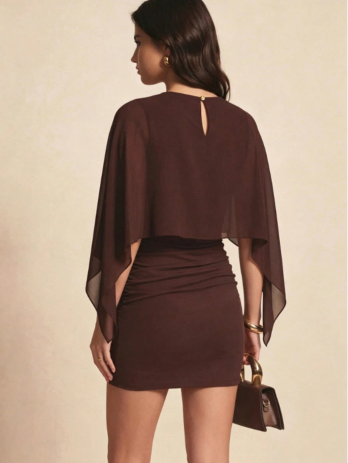 Cape-style Slim-fitting Ruched Bodycon Mini Solid Color Short Dress