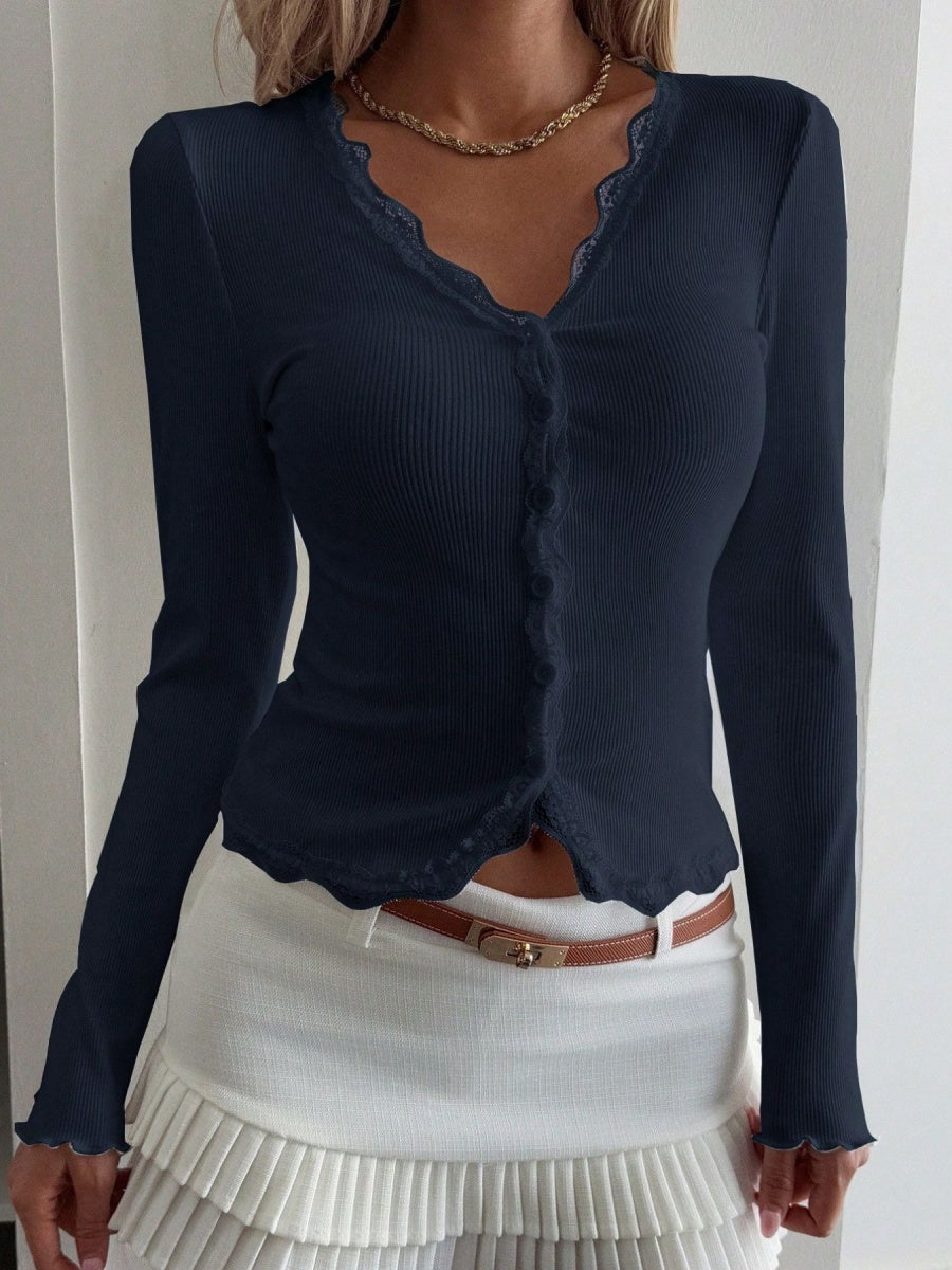 Cardigan Style With Ribbed Trim V-neck Lace Stitching Anti-stripping T-shirts Long-sleeved Knitted Cardigan
