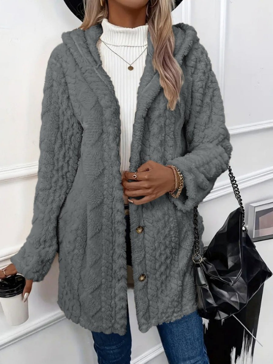 Hooded Solid Color Cardigan Button Long Sleeve Casual 3D Pattern Jackets