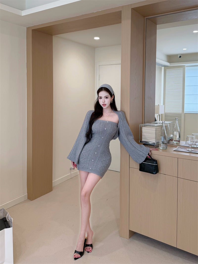 Knitted Elegant Fashion Set: Long-sleeved, Waist-cinching Sweater And Strapless Dress Two-Piece Set