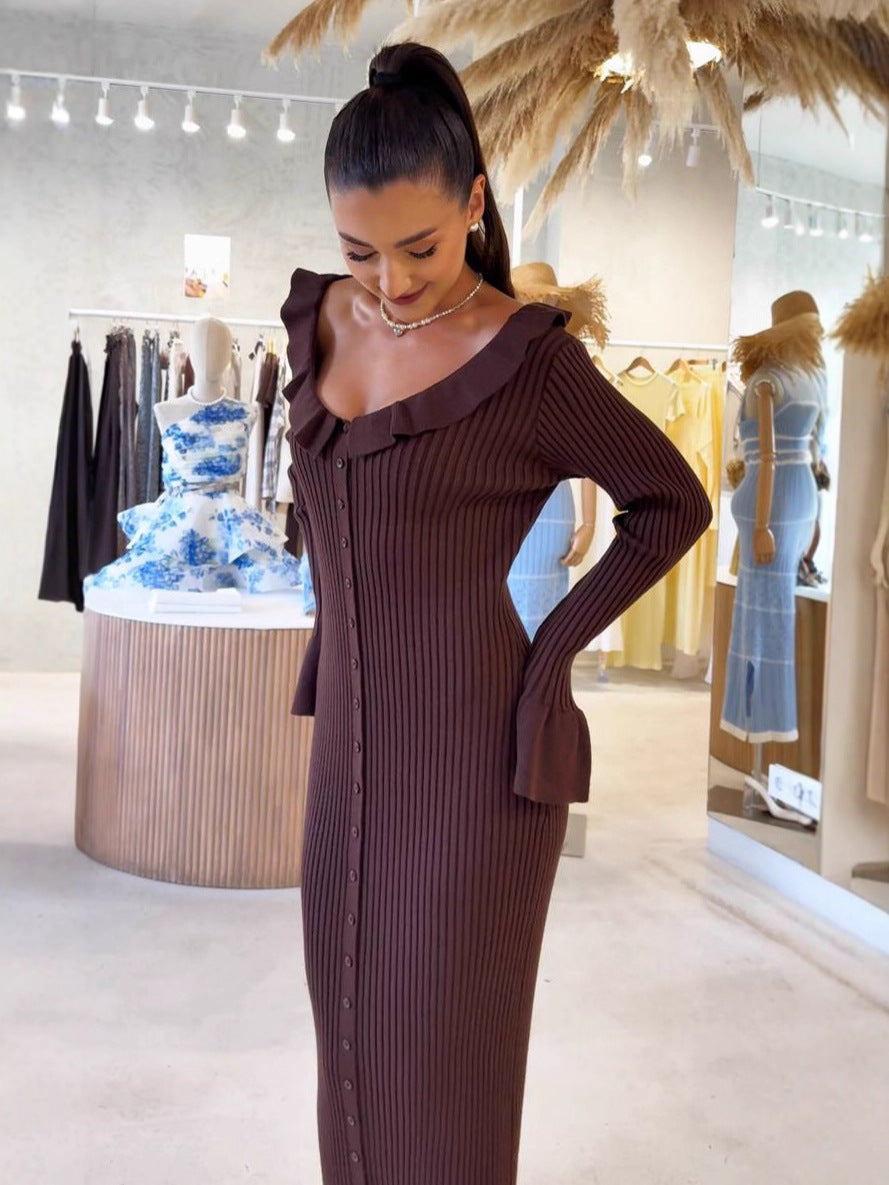 Trumpet Sleeve Ruffle Dress Single Breasted Tight Hip-Wrap Waist Sexy Sweater Long Dress