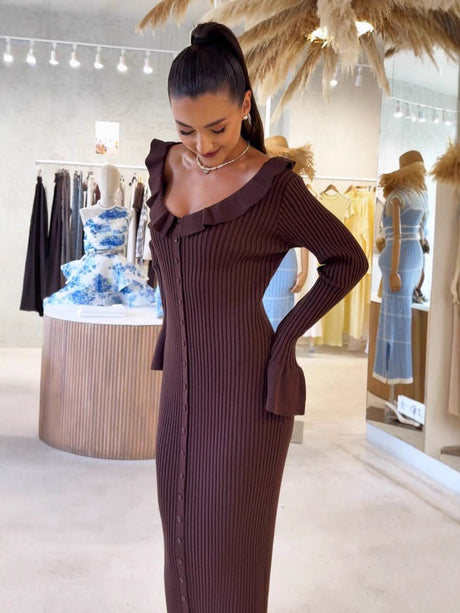 Trumpet Sleeve Ruffle Dress Single Breasted Tight Hip-Wrap Waist Sexy Sweater Long Dress