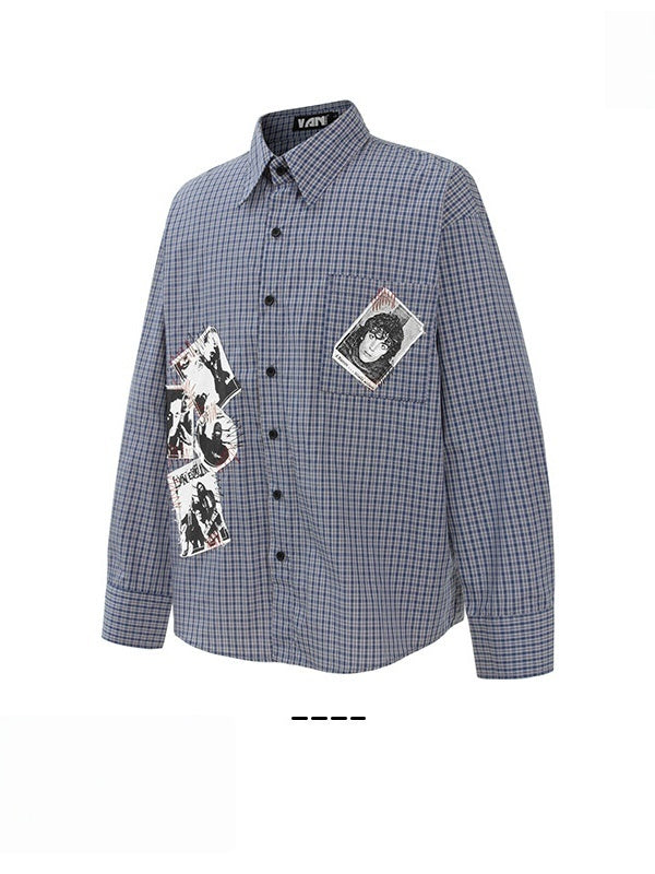 Retro Portrait Appliqué Embroidery Plaid Cleanfit Loose Shirts
