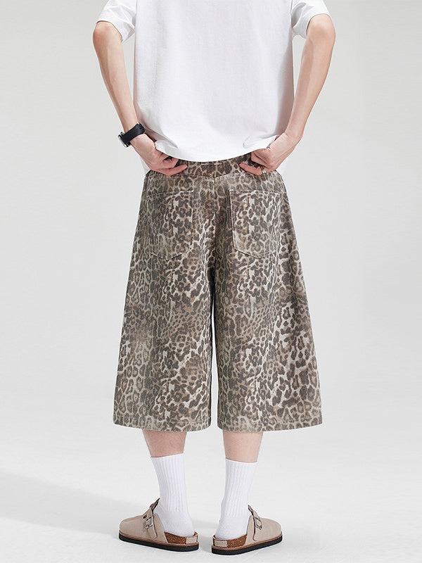 Retro Distressed Leopard Print 7 Points Baggy Shorts