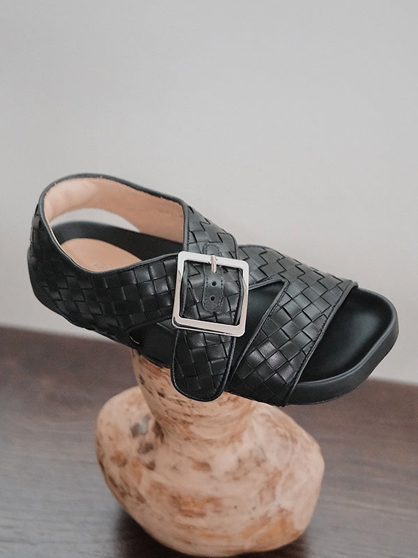BIUCILI Mutual Performance Original Asymmetrical Design Old Qian Resort Style Square Toe Woven Basic Women's Sandals