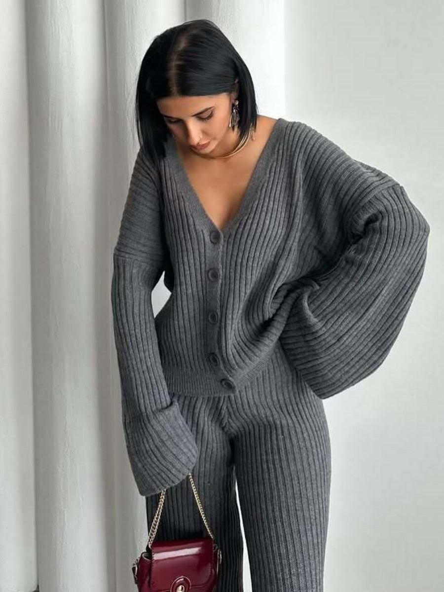 Leisure Solid Color Long Sleeve Buttons Sweaters Cardigans Pants Two-piece Suit