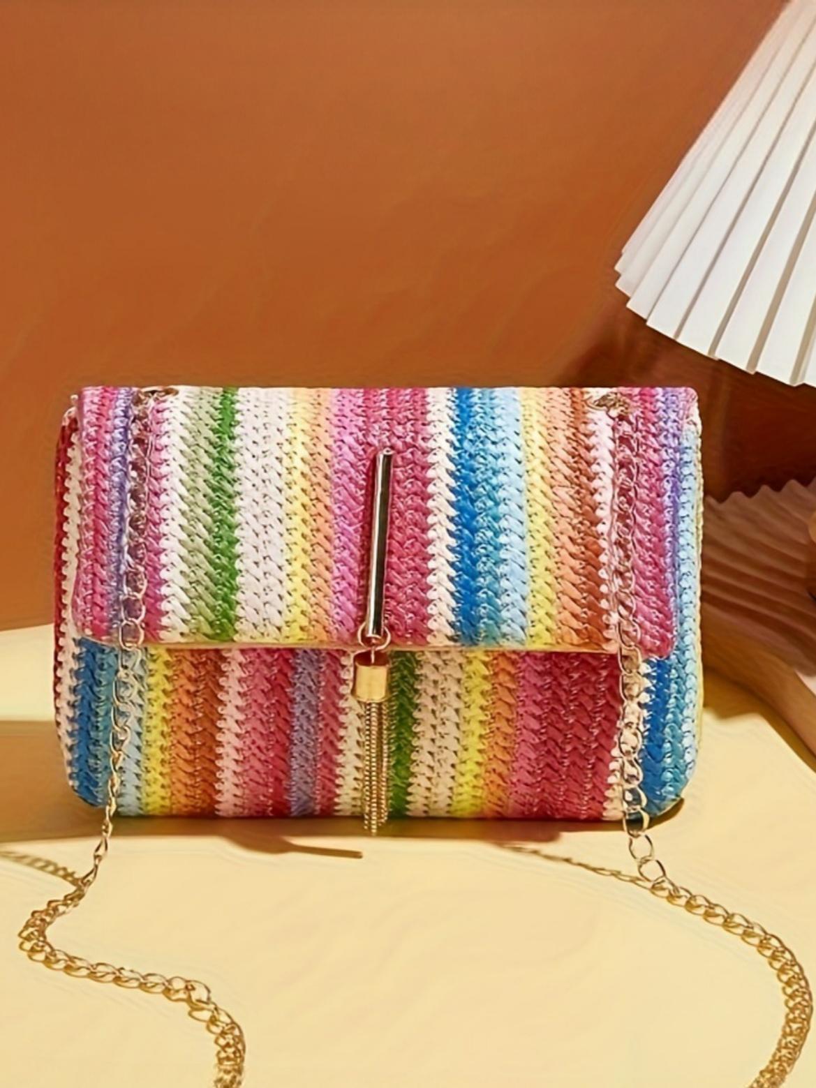 Colorful Straw Crossbody Bag For Vacation