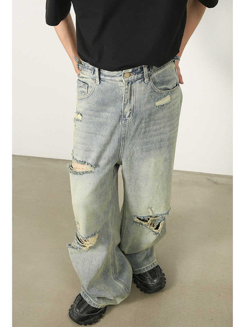 Hole Washed Distressed Loose-fit Wide-leg Jeans