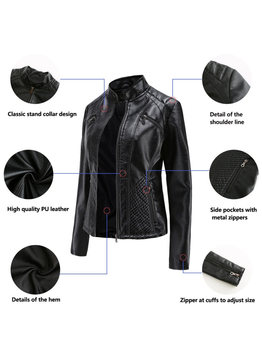 Three-dimensional Decoration Stand Collar Slim Fit Leather Jacket