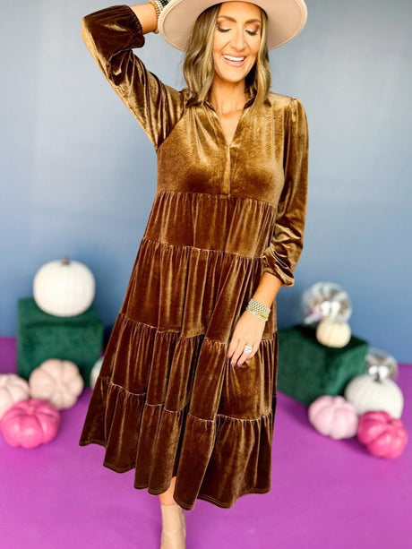 Velvet V-neck Multi-layer Ruffles Maxi Dresses