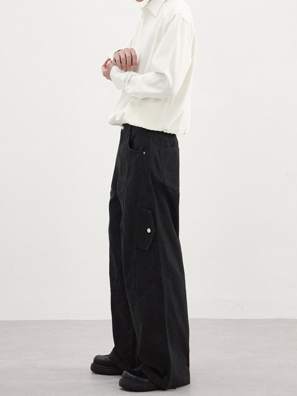Deconstructed Double-Side-Button Vintage Baggy Straight Cargo Pants