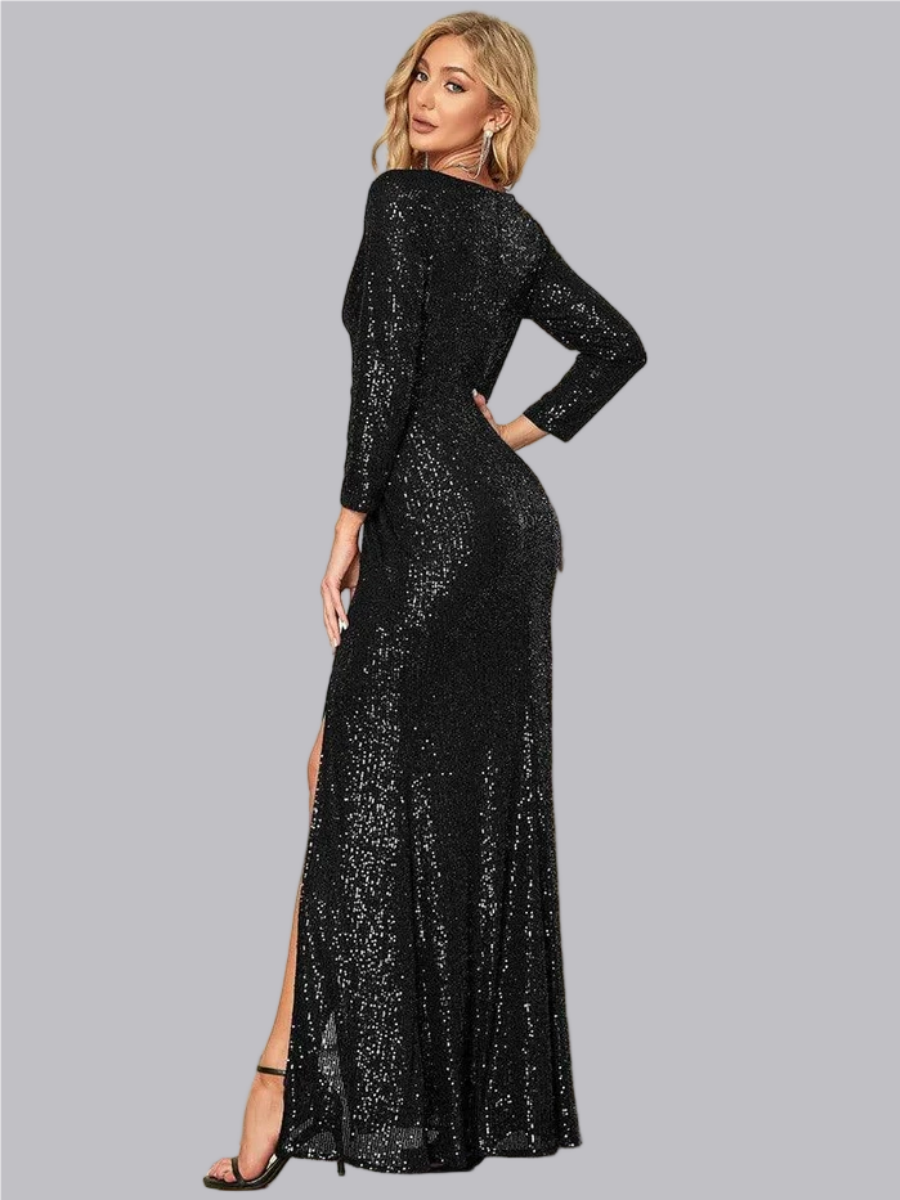 Liber Autumn women's sequins Long sleeve High-slit V-neck long dress
