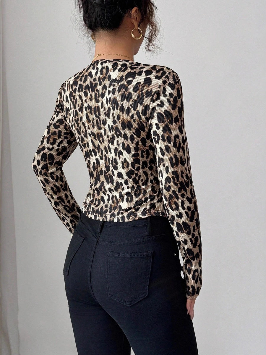 Short Leopard Print Blend Fabric Contrasting Colors Long-sleeved Knitted Cardigan