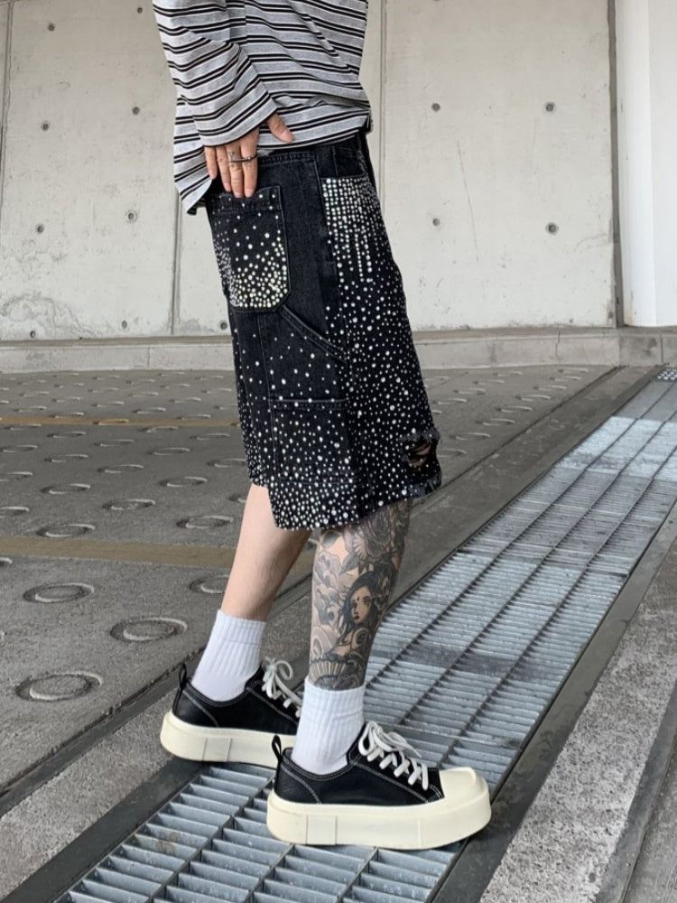 Diamond Full Diamond Hole Gradient 7 Points Denim Shorts