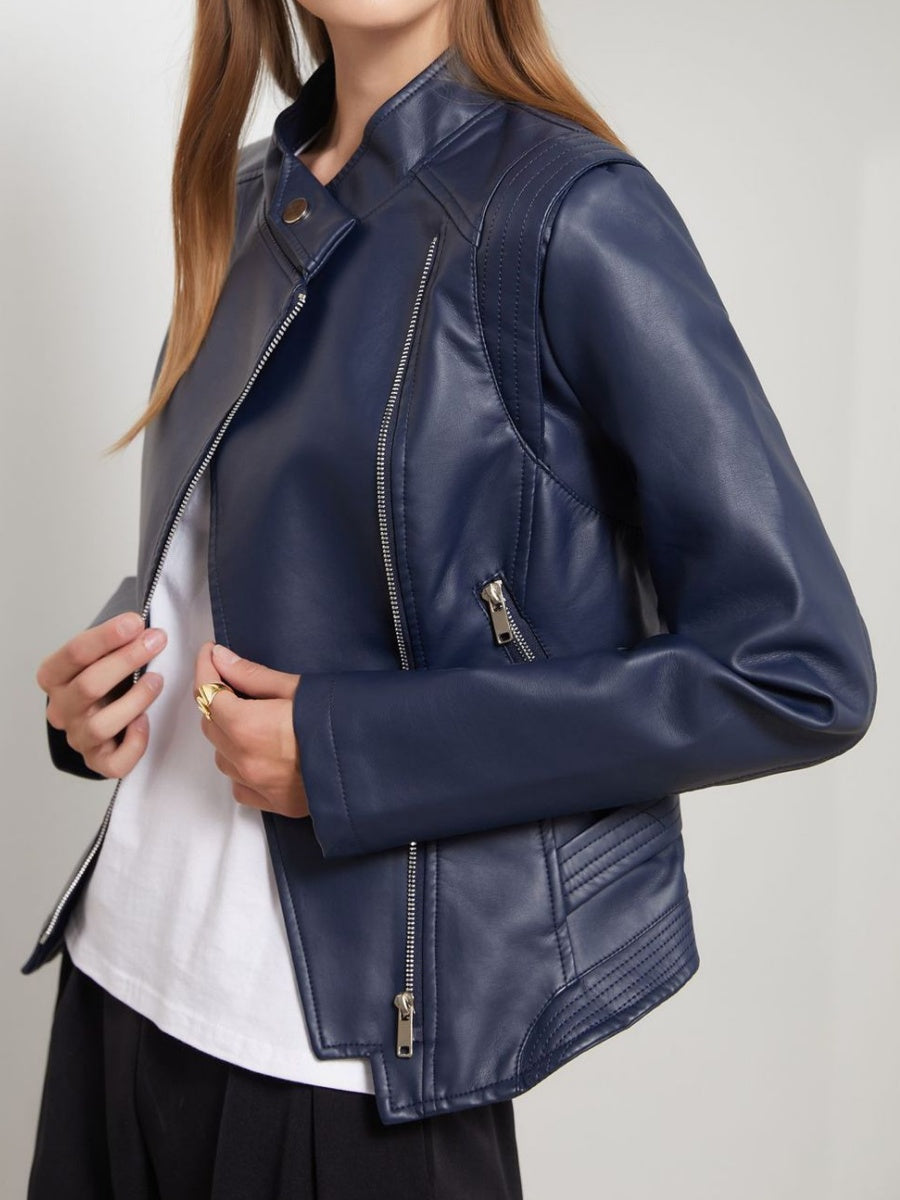 PU Leather Lapel Slim Fit Long Sleeve Short Jacket