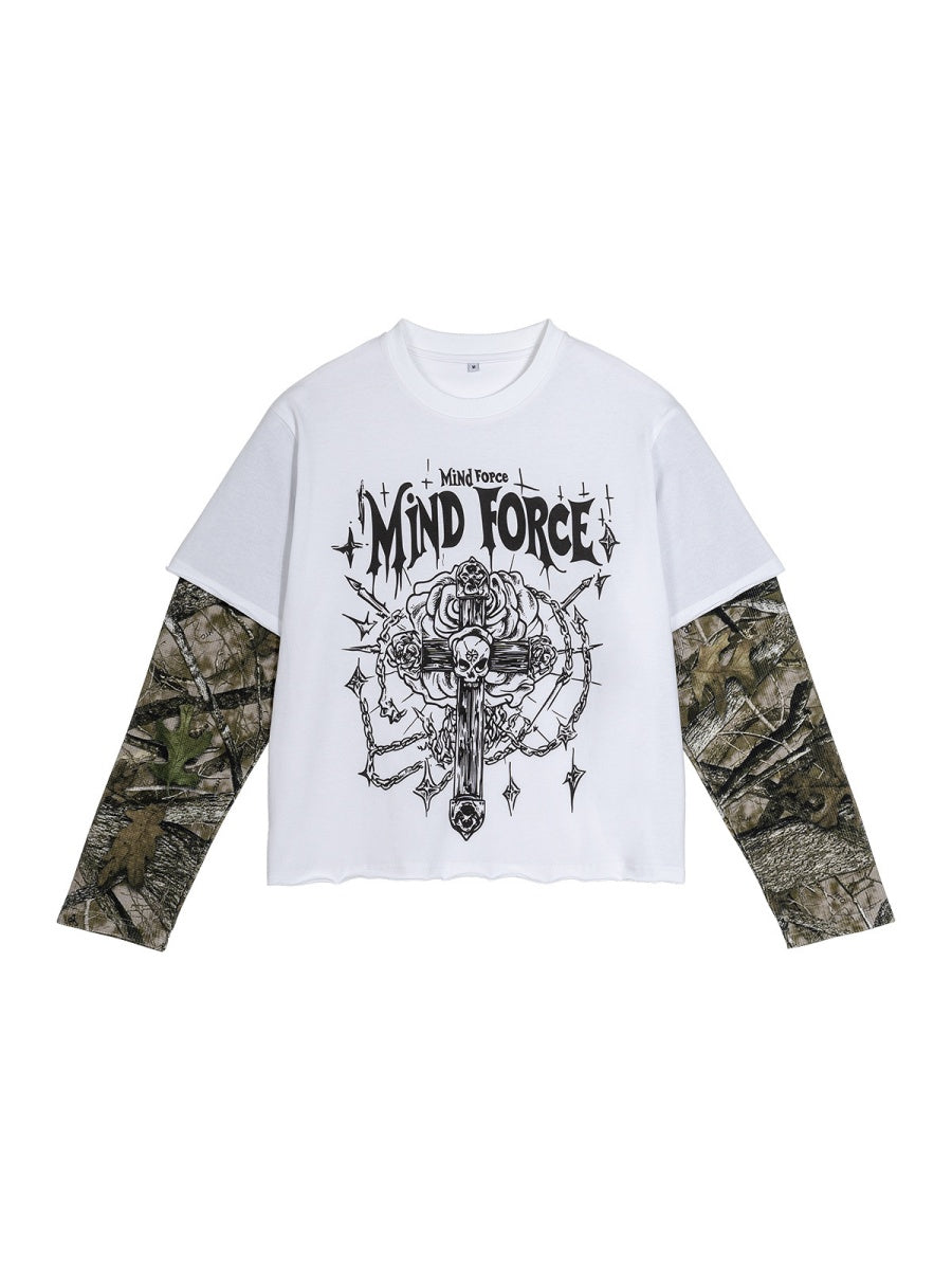 Retro Camouflage Layered-look Cropped Loose-fit T-shirts