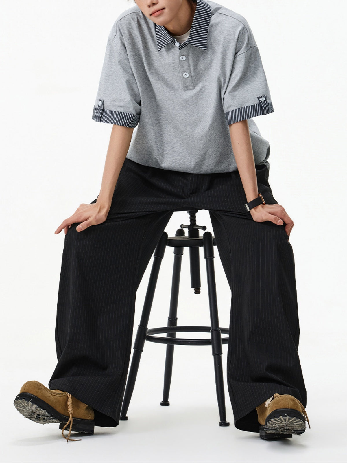 Color-blocked Layered-look Stripes Patchwork Polo Shirt