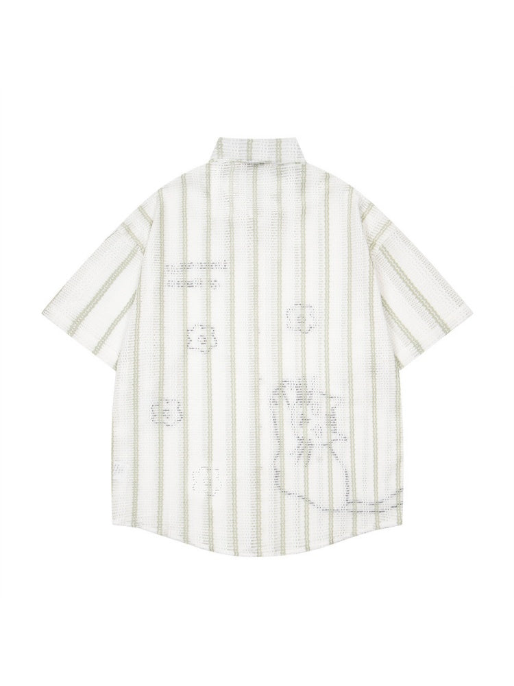 Cartoon Kitten Embroidery Vertical Stripe Loose-fit Vibe Breathable Shirts