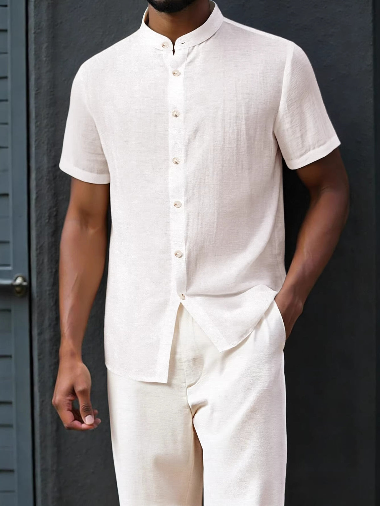 Leisure Stand Collar Breathable Flax Loose-fit 2-piece Sets Set