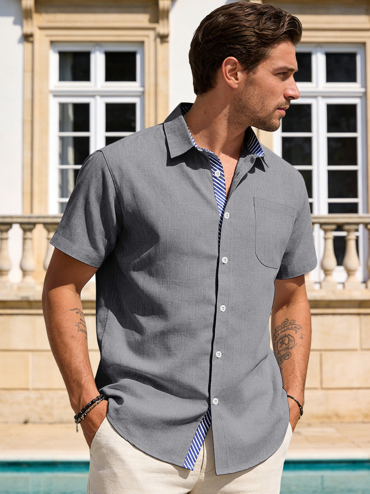 Cotton And Linen Color-blocked Shirts