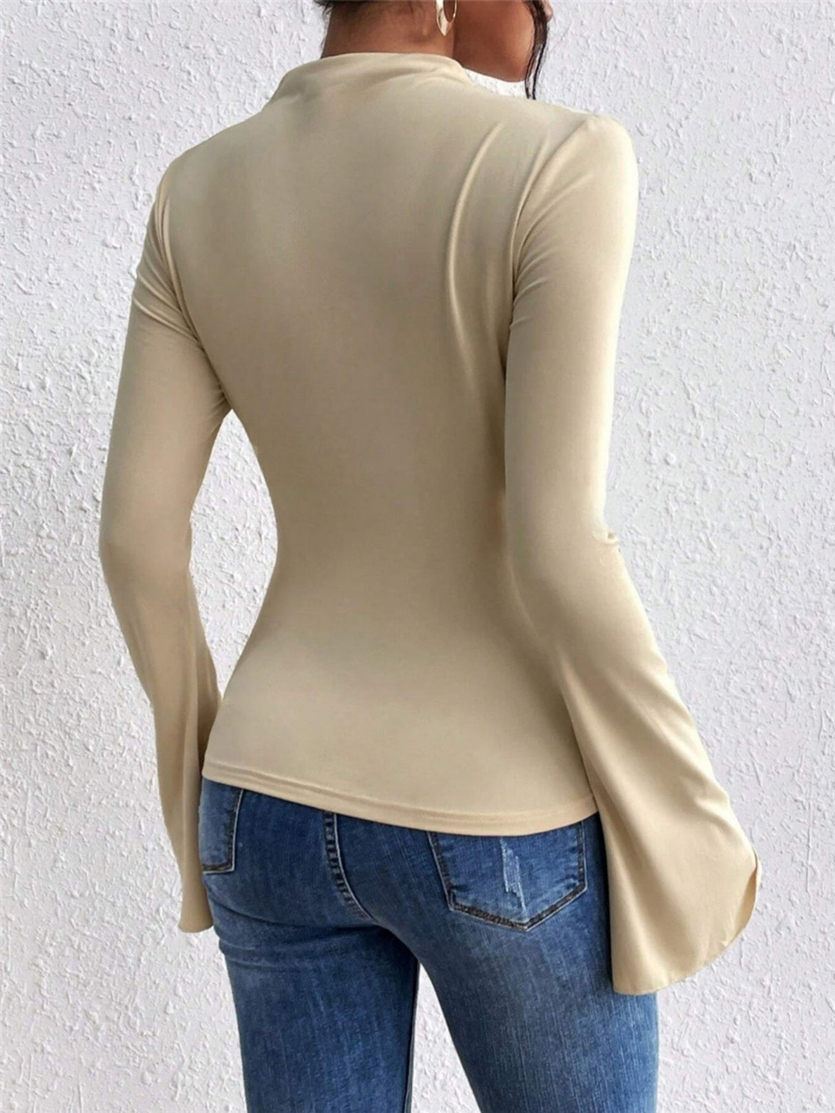 Bell Sleeves Stand-up Collar Long-sleeved T-shirt