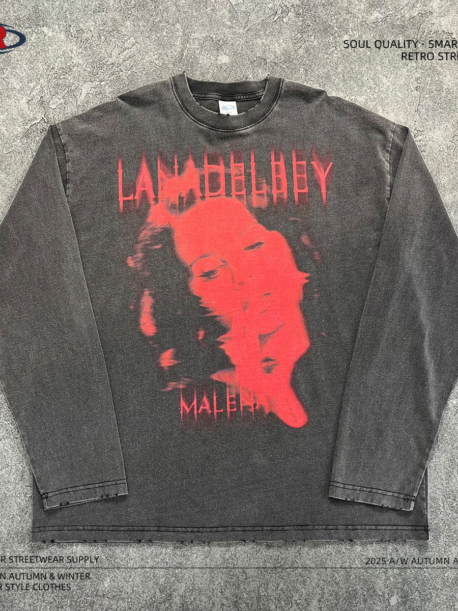 Red Avatar Pattern Wasteland Style Frayed Edge Printed Long-sleeved T-shirt