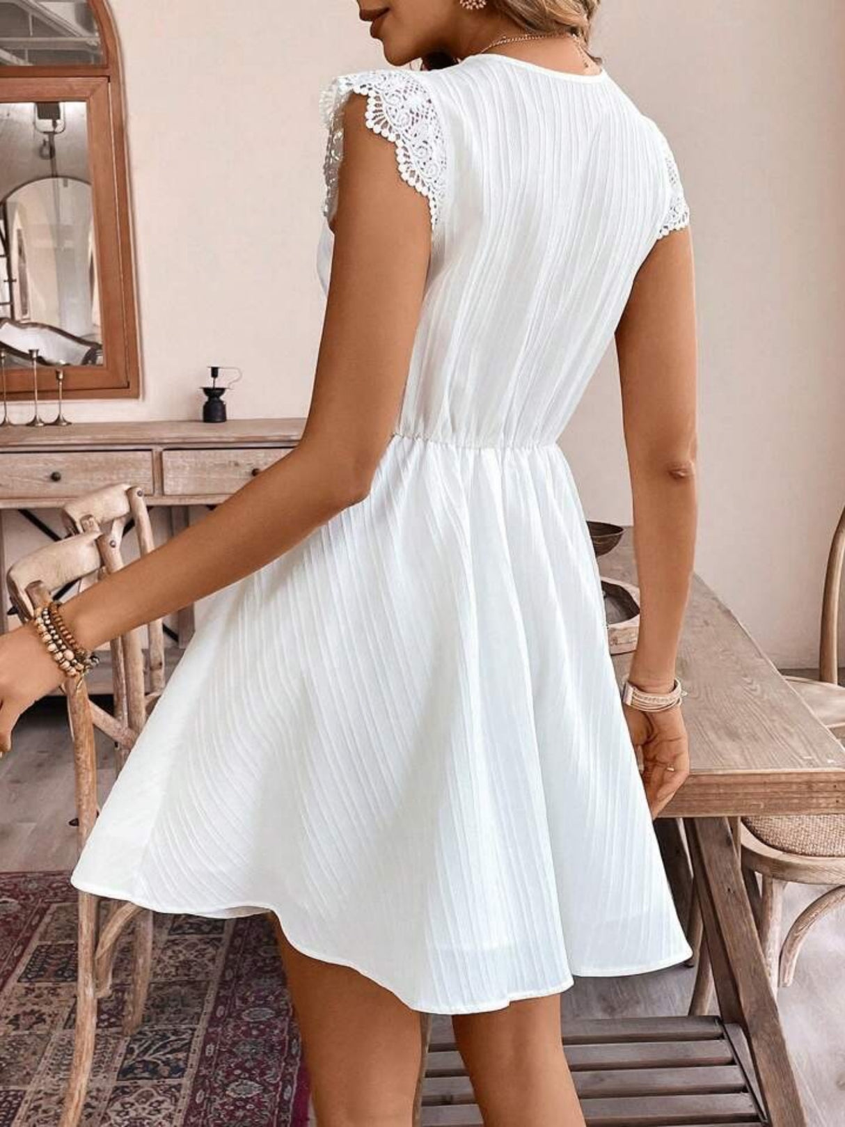 Lace Trim Openwork Jacquard V-neck, Fitted Waist Flying Sleeves Mini&Short Dresses