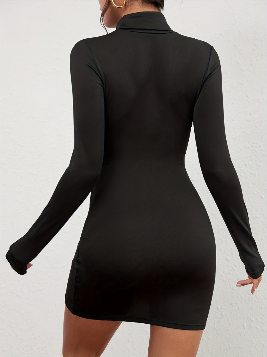 Black Brushed Turtleneck Slim-fit Short Dress