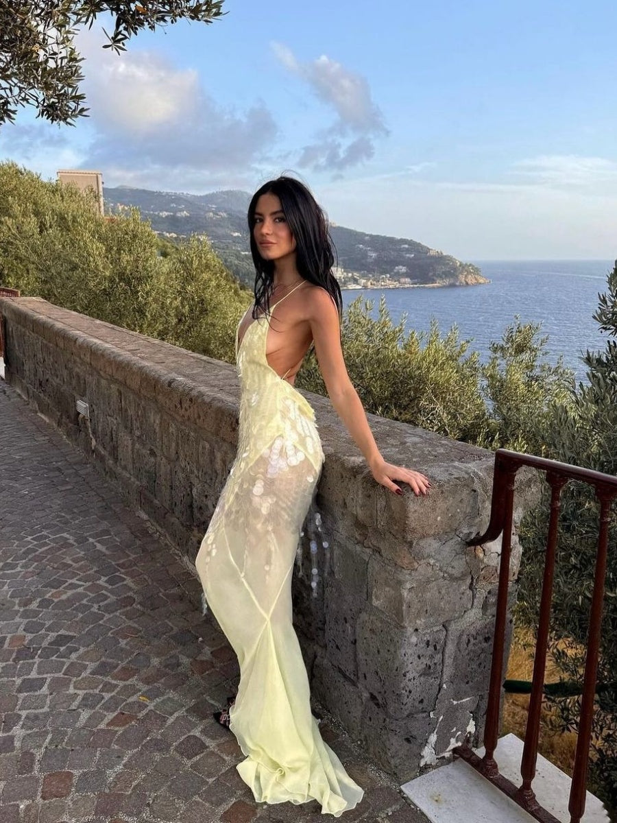 Liber Winter Women's Backless Splicing Deep V-neck Maxi Dresses