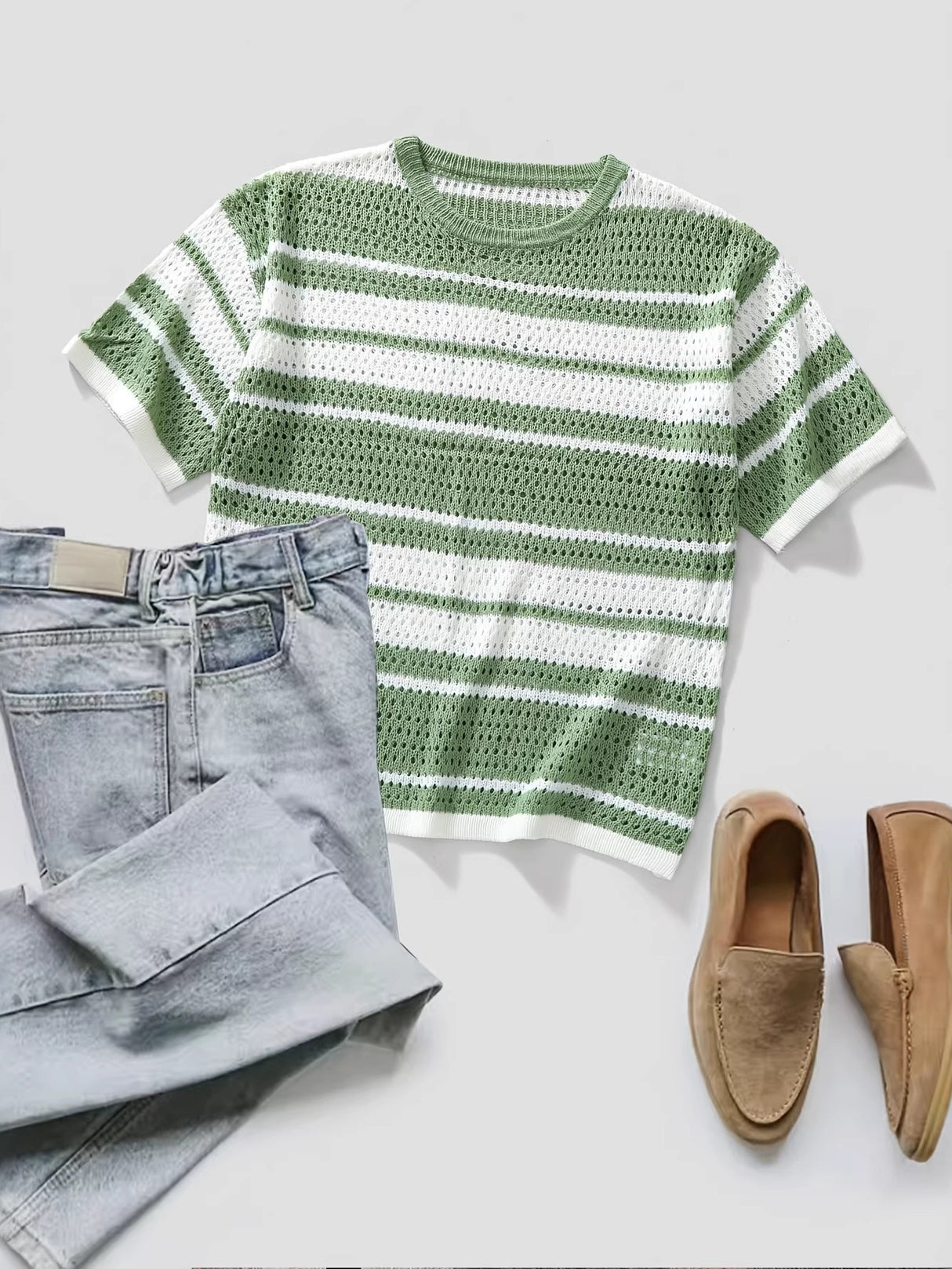Hollow Out Color-blocked Retro Stripes Knitting T-shirts
