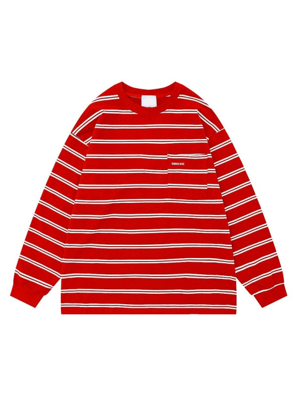 Stripes Color-blocked Embroidery Pocket Loose-fit T-shirts