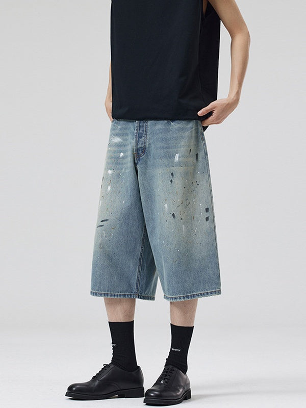 Retro Graffiti Splashing Ink 7 Points Denim Shorts