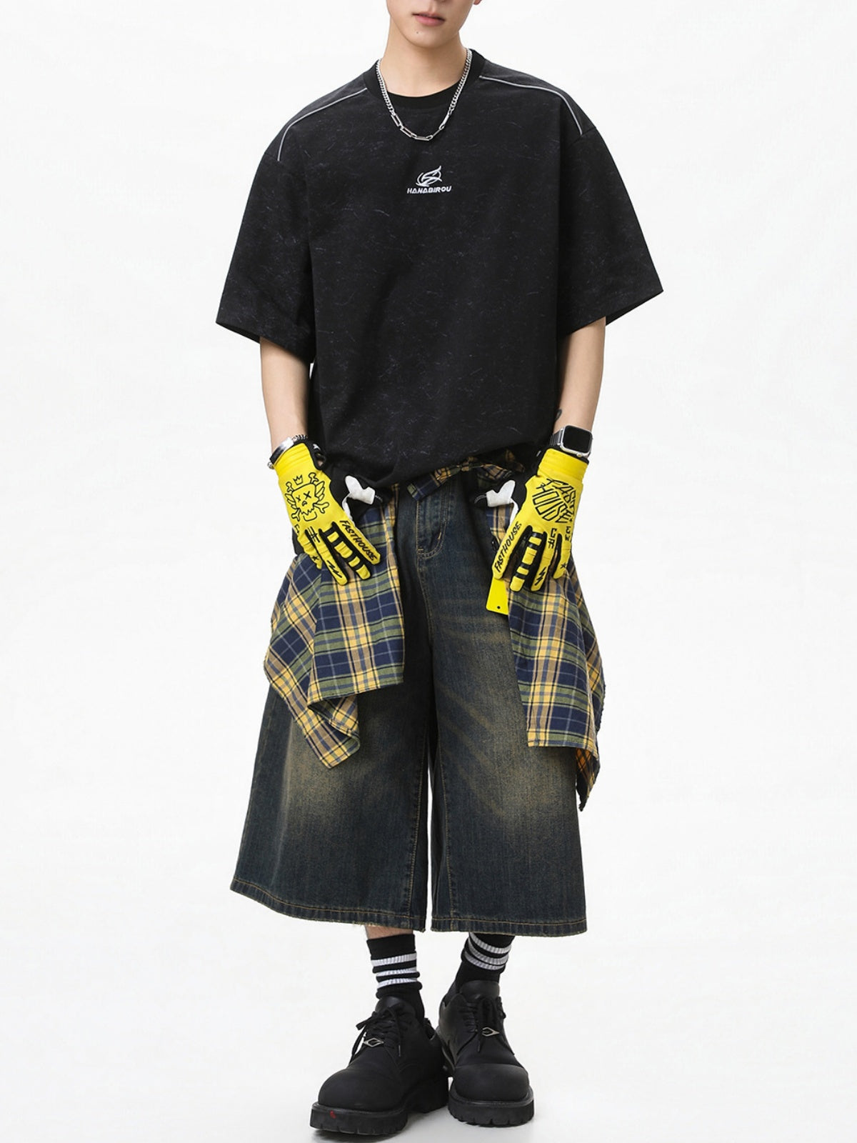 Reflective Strips Letter Applique Loose-fit Distressed T-shirts