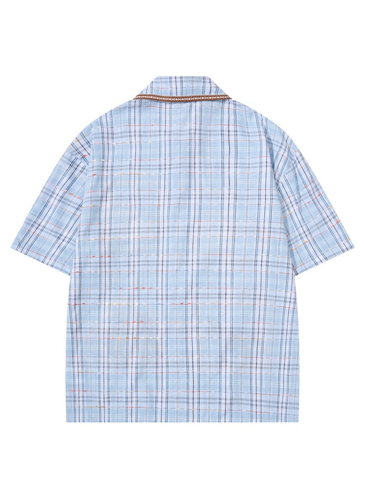 Cartoon Embroidery Plaid Loose-fit Shirts