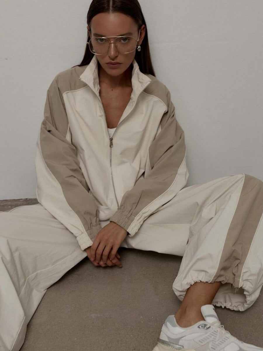 Liber Autumn women's drawstring clothing Colorblock long-sleeved two-piece jacket